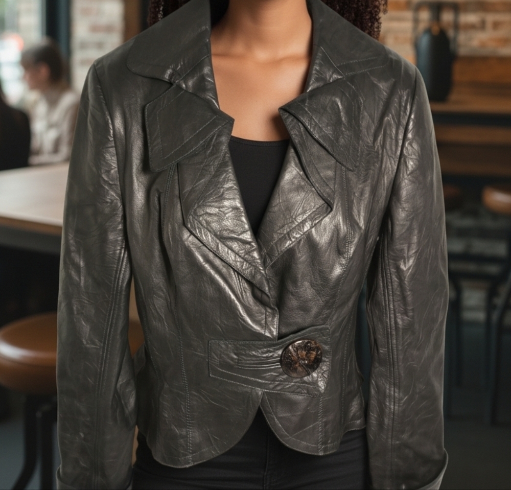 People Like Frank Leather Moto Peplum Button Charcoal Black Leather Jacket Sz S - Picture 1 of 8